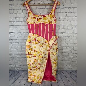 Floral Pink and Yellow Midi Dress with Contrast Panel